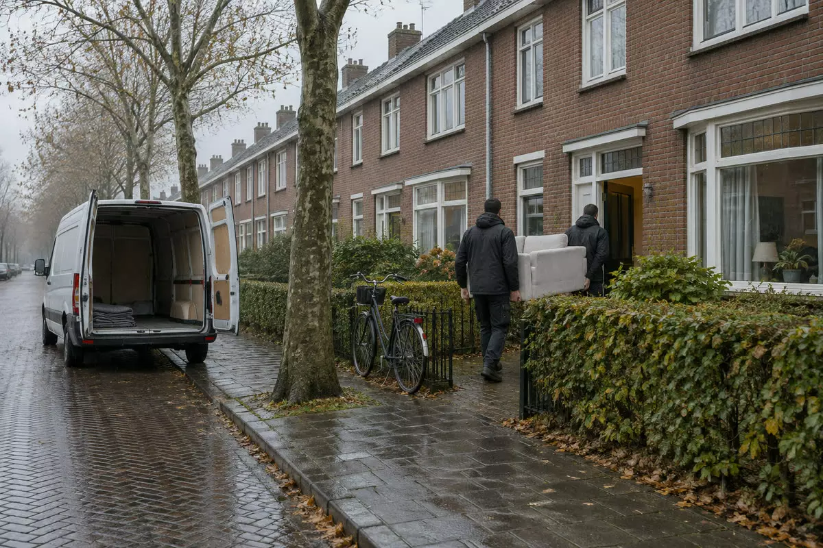 A row of identical 1930s brick terraced houses along a wet Dutch street in autumn, a removal van parked at the kerb with its rear doors open and two men in work jackets carrying a sofa towards a front door, bicycles leaning against a low hedge, bare trees and grey drizzle (illustration)