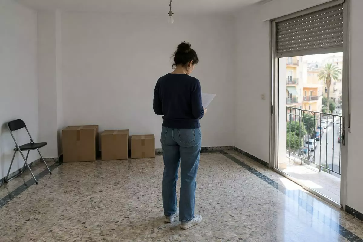 A woman in her forties standing well inside a half-furnished flat in Málaga with her back to the camera, reading a printed page held at hip height, bare white walls, a persiana half raised over a balcony door, terrazzo floor, a stack of moving boxes against the wall, soft October daylight (illustration)