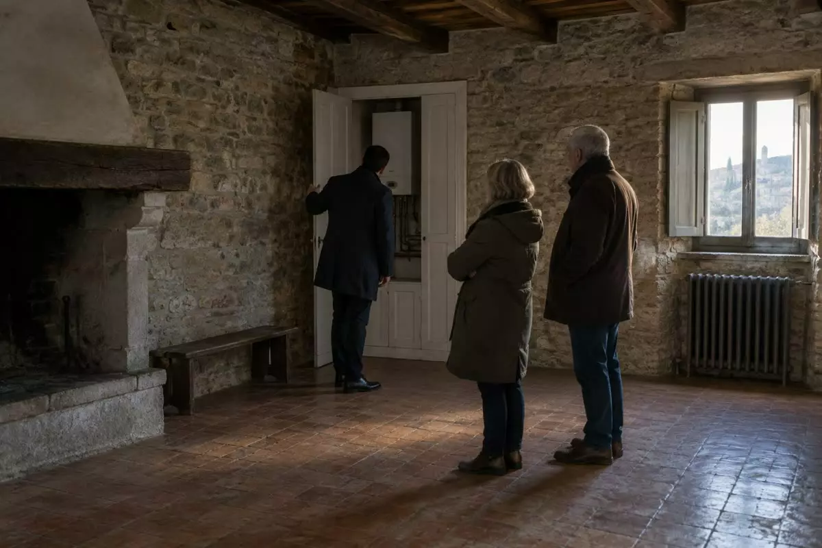 An estate agent in a dark coat with his back to the camera at an open boiler cupboard in a stone-walled Italian living room with wooden ceiling beams, a couple in winter coats standing at mid-distance watching him, a cold stone fireplace and an old cast-iron radiator under a shuttered window, low late-afternoon light (illustration)
