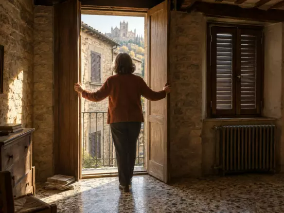A woman in her fifties in a rust wool cardigan seen from behind at mid-distance with her hands on the open wooden door leaves of a stone house in an Umbrian hill town, looking out over a balcony to a sunlit village and a hilltop cathedral, terrazzo floor, a shuttered window and an old radiator behind her (illustration)