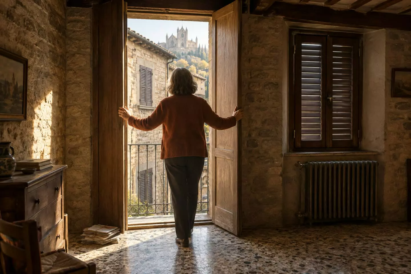 A woman in her fifties in a rust wool cardigan seen from behind at mid-distance with her hands on the open wooden door leaves of a stone house in an Umbrian hill town, looking out over a balcony to a sunlit village and a hilltop cathedral, terrazzo floor, a shuttered window and an old radiator behind her (illustration)