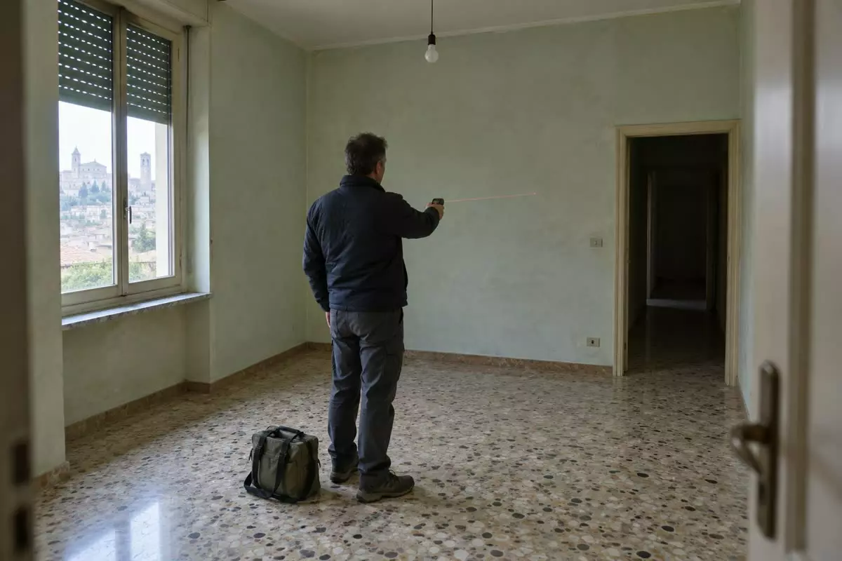 A land surveyor with his back three-quarters to the camera standing in an empty Italian apartment with pale green walls and a terrazzo floor, a laser measure pointing at the far wall, a tool bag on the floor beside him, a bare pendant bulb and a tall shuttered window with a hill town outside, soft late-October light (illustration)