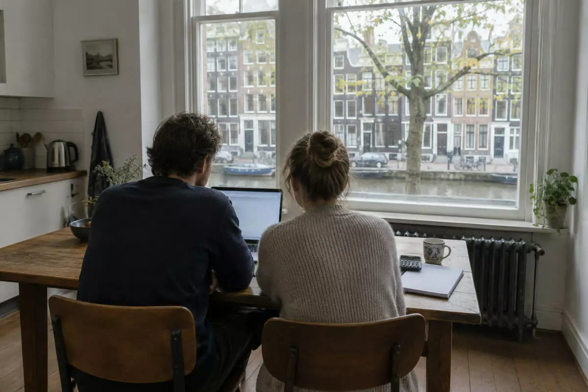 A couple in their thirties seen from behind at a kitchen table in an Amsterdam apartment, one leaning towards an open laptop with a calculator and a notepad beside it, brick canal houses and a plane tree through the tall sash window, an old radiator underneath, soft overcast October daylight (illustration)