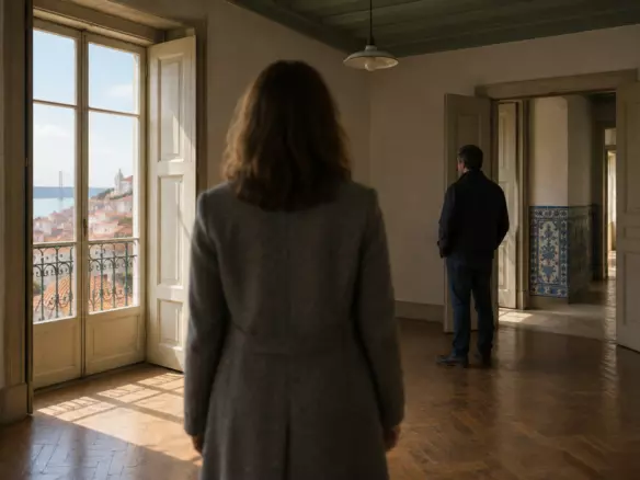 A woman in her forties in a grey wool coat seen from behind at mid-distance in the empty living room of a Lisbon townhouse, looking towards tall open shutters onto a balcony with terracotta roofs and the river beyond, a man in a dark jacket standing further back in a doorway with azulejo tiles in the hall, parquet floor and warm late-October morning light (illustration)