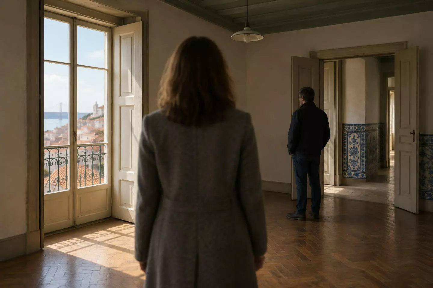 A woman in her forties in a grey wool coat seen from behind at mid-distance in the empty living room of a Lisbon townhouse, looking towards tall open shutters onto a balcony with terracotta roofs and the river beyond, a man in a dark jacket standing further back in a doorway with azulejo tiles in the hall, parquet floor and warm late-October morning light (illustration)