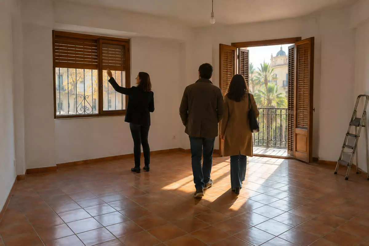An estate agent in a dark jacket reaching to raise a wooden persiana in an empty Spanish apartment, a couple in autumn coats walking past her towards an open balcony door, terracotta floor tiles, white walls, a wrought-iron reja and a stepladder in the corner, low warm October sun on the floor (illustration)