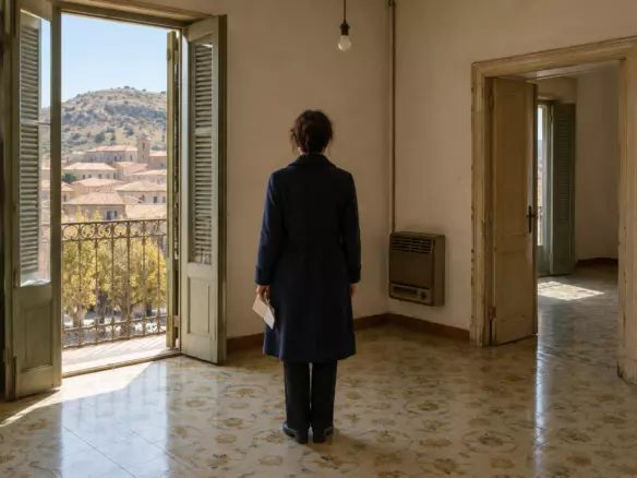 A woman in her forties in a navy wool coat seen from behind at mid-distance in an empty top-floor apartment of a Sicilian town house, a folded sheet of paper at her side, tall shutters open onto terracotta roofs and a distant hill, pale 1970s floor tiles and a bare pendant light (illustration)