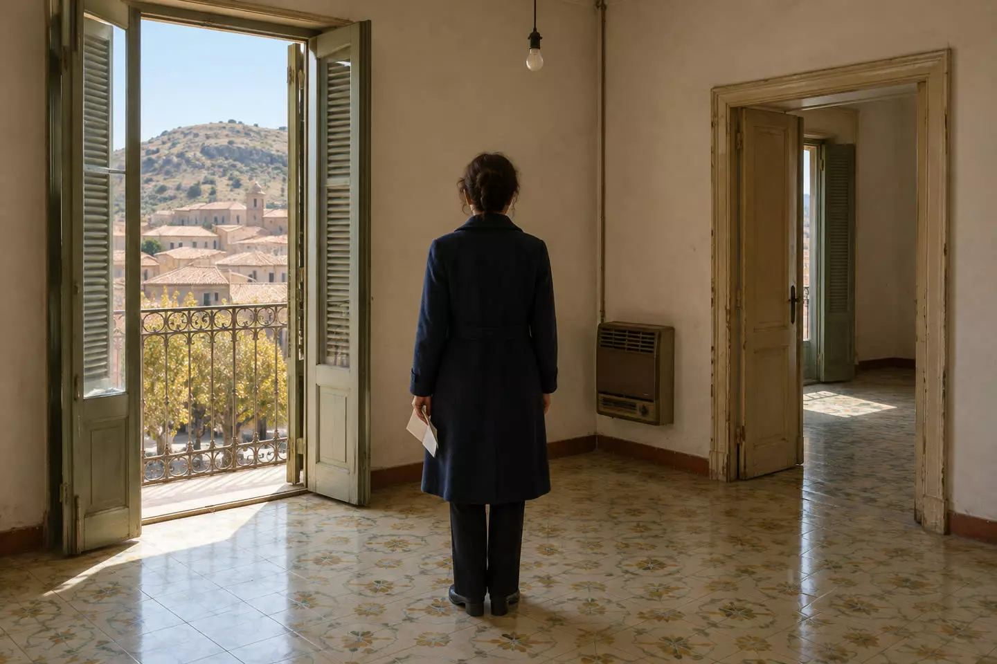 A woman in her forties in a navy wool coat seen from behind at mid-distance in an empty top-floor apartment of a Sicilian town house, a folded sheet of paper at her side, tall shutters open onto terracotta roofs and a distant hill, pale 1970s floor tiles and a bare pendant light (illustration)