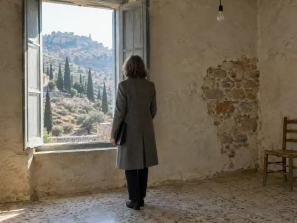 A woman in her fifties in a grey wool coat seen from behind at mid-distance inside an empty stone village house in the Peloponnese, a document folder under her arm, tall shutters open onto a dry hillside with cypresses, worn terrazzo floor and a bare pendant light (illustration)