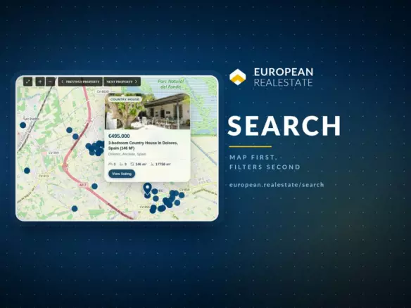The european.realestate search page as a brand card: the map with dot markers and one property card open, next to the word SEARCH (product screenshot)