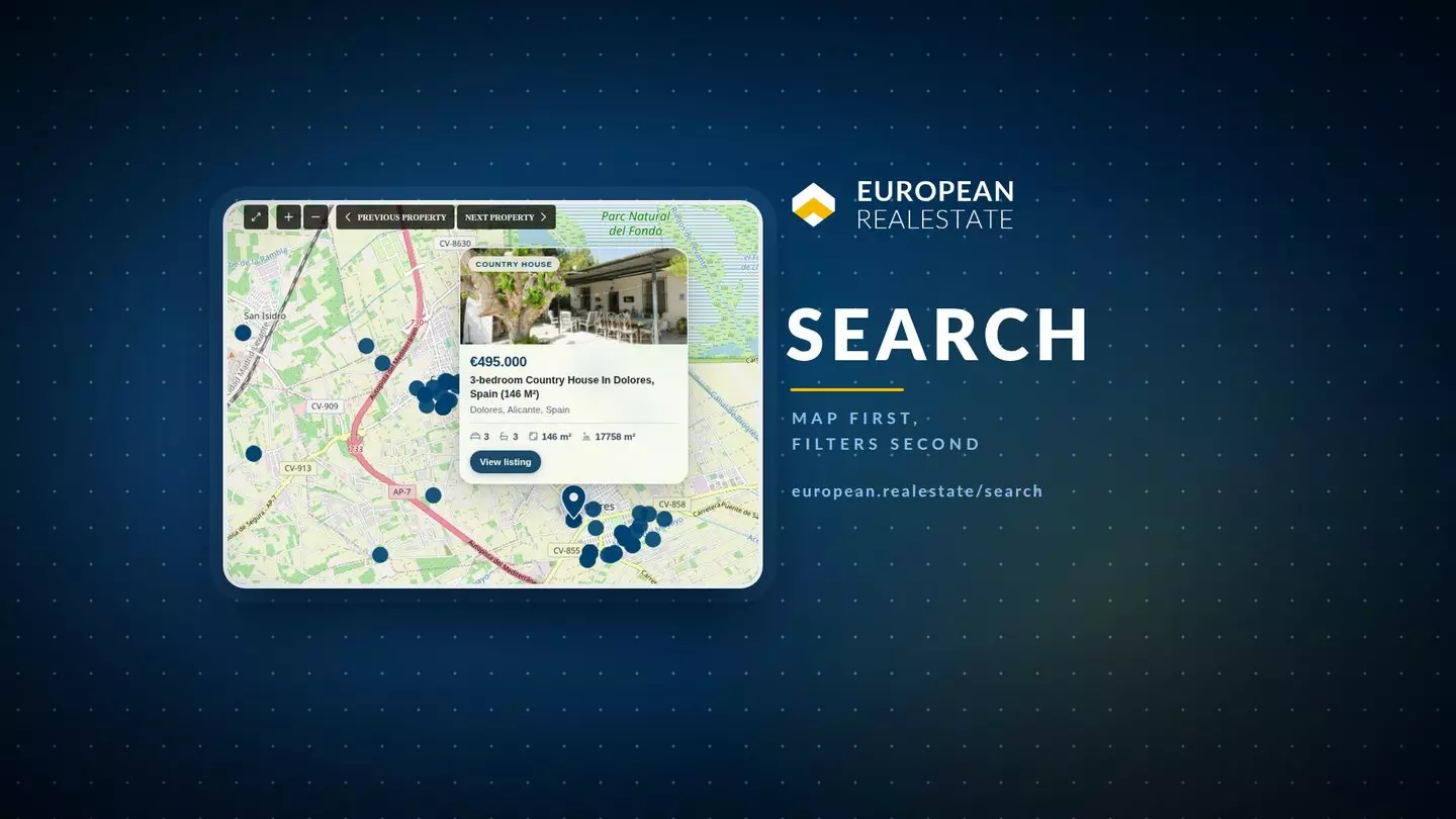 The european.realestate search page as a brand card: the map with dot markers and one property card open, next to the word SEARCH (product screenshot)